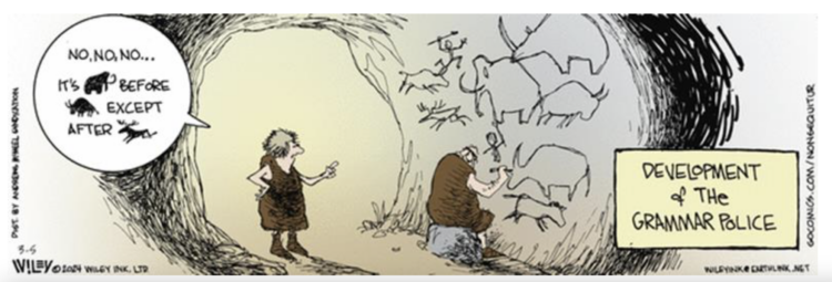 Non-sequitor comic by Wiley Miller that shows a cave-era teacher using petroglyps to teach grammar